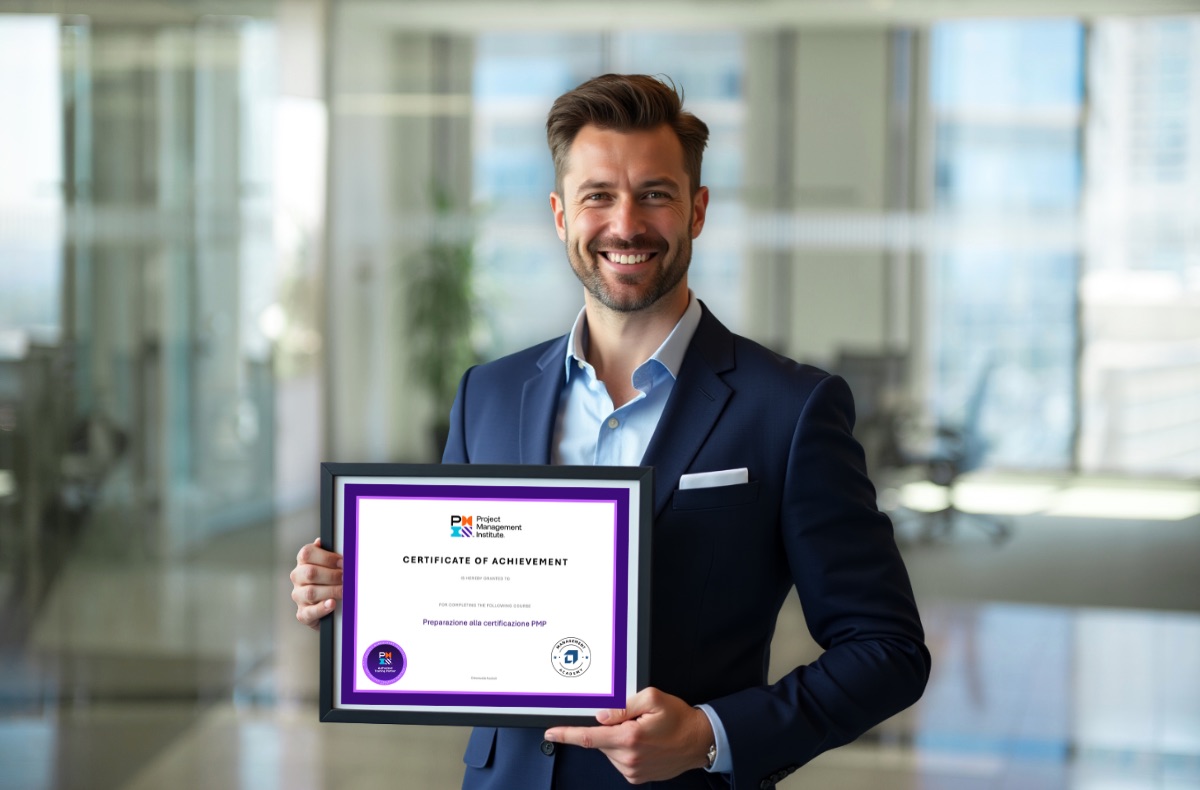 Studente con certificato Bundle 4 Corsi in mano